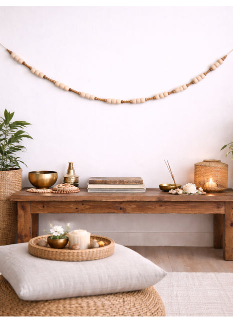 Handcrafted Rustic Artisan Wool Felt and Wood Bead Garland