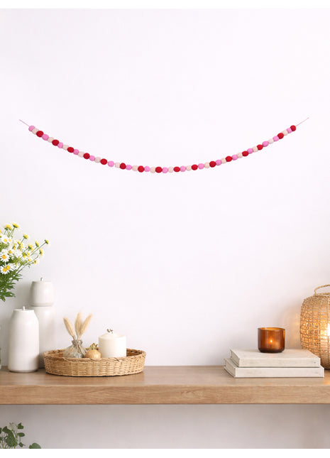 Handcrafted Romantic Blush & Crimson Wool Felt Pom-Pom Garland