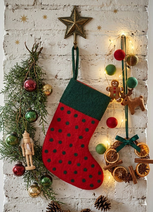 Handmade Wool Felt Christmas Stocking – Festive Red & Green Holiday Hanging Décor