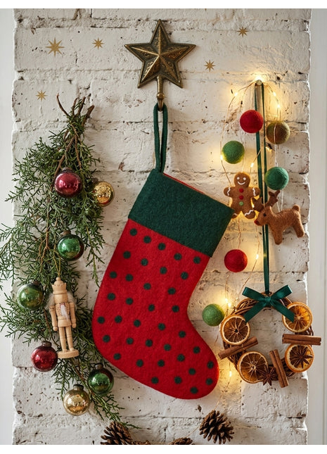 Handmade Wool Felt Christmas Stocking – Festive Red & Green Holiday Hanging Décor