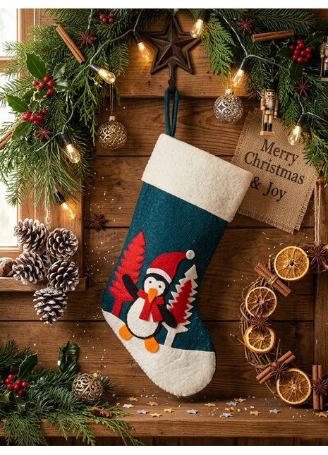 Handcrafted Wool Felt Penguin Christmas Stocking