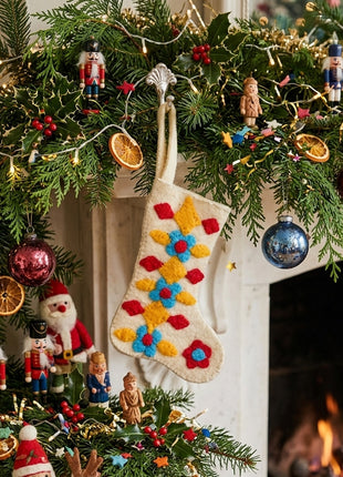 Handmade Wool Felt Christmas Stocking with Festive Floral Embroidery