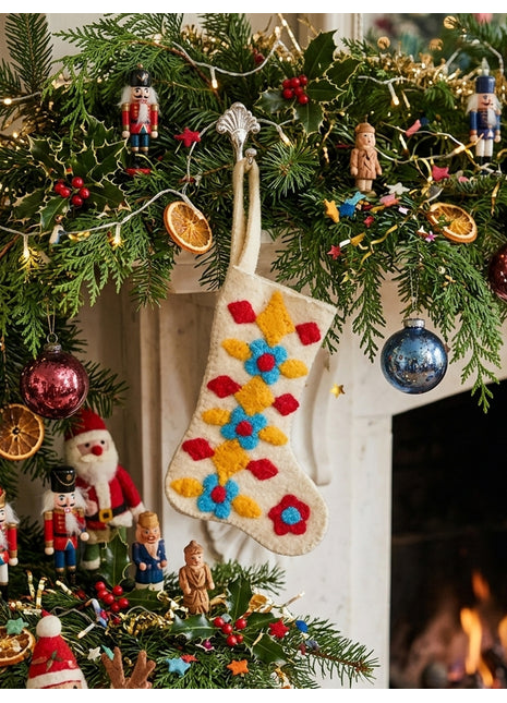 Handmade Wool Felt Christmas Stocking with Festive Floral Embroidery