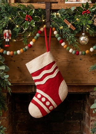 Classic Handmade Wool Felt Christmas Stocking with Festive Red & Ivory Design