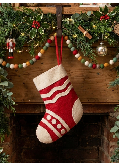 Classic Handmade Wool Felt Christmas Stocking with Festive Red & Ivory Design
