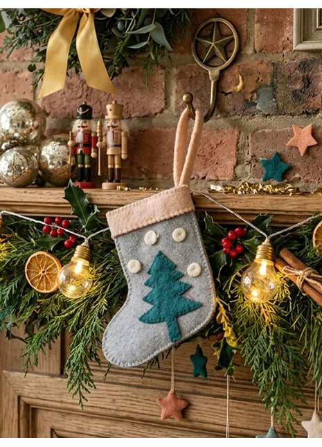Handcrafted Wool Felt Snowy Pine Mini Stocking