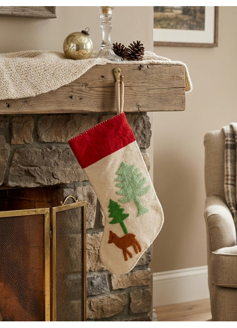 Handcrafted Wool Felt Forest Reindeer Christmas Stocking