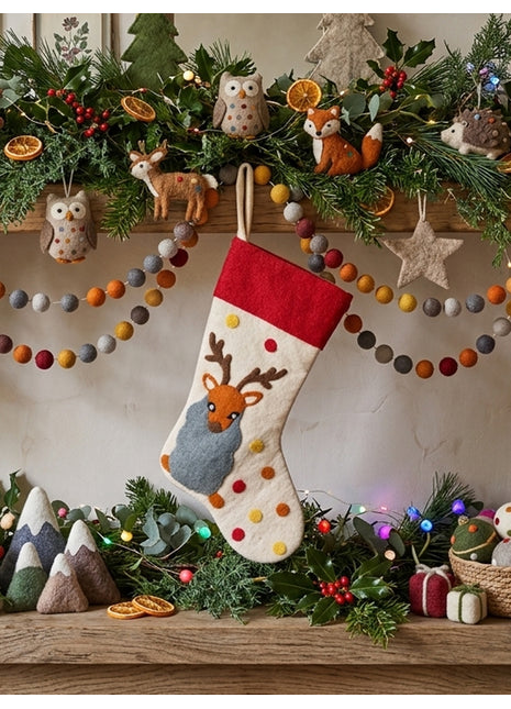 Handcrafted Wool Felt Festive Reindeer Stocking