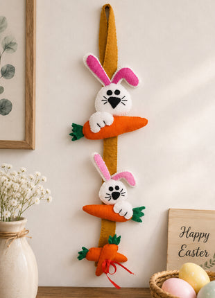 Handmade Wool Felt Easter Bunny and Carrot Hanging Garland – Festive Spring Wall Decor