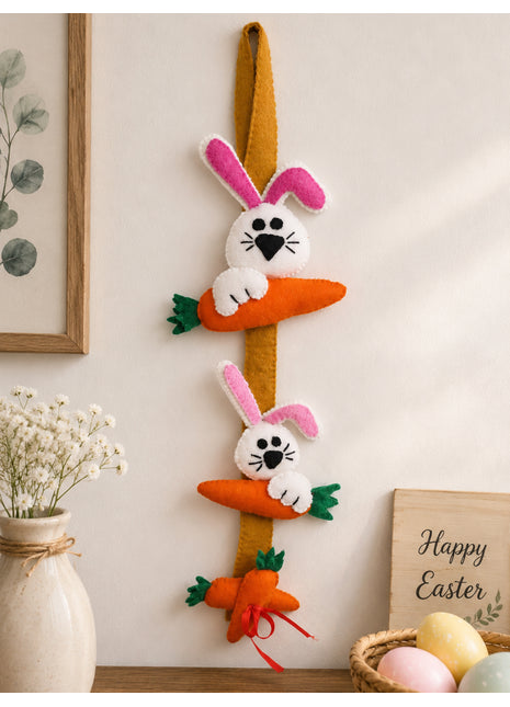 Handmade Wool Felt Easter Bunny and Carrot Hanging Garland – Festive Spring Wall Decor