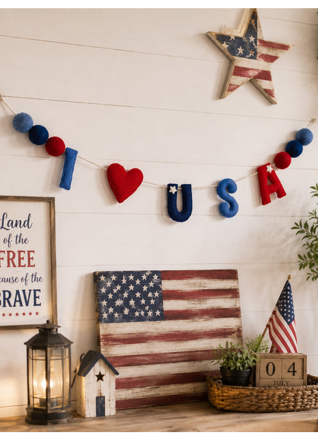 Handmade Wool Felt USA Patriotic Garland Banner