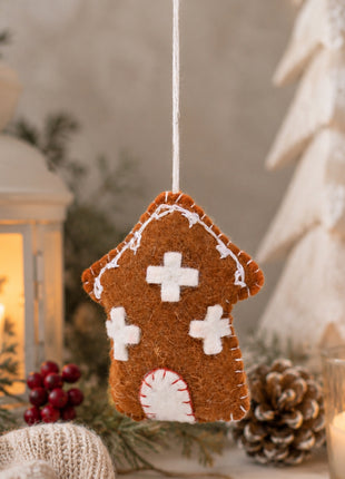 Handmade Wool Felt Gingerbread House Hanging Ornament - Festive Holiday Decor
