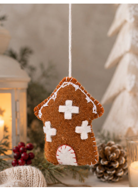 Handmade Wool Felt Gingerbread House Hanging Ornament - Festive Holiday Decor
