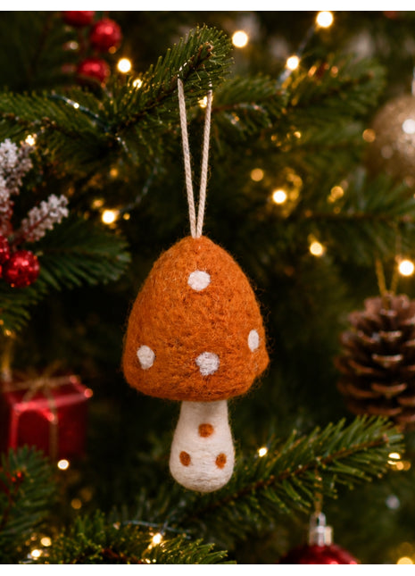 Handmade Wool Felt Mushroom Hanging Ornament - Cute Woodland Holiday Decor