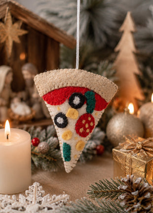 Handmade Wool Felt Pizza Slice Hanging Ornament - Fun Foodie Holiday Decor