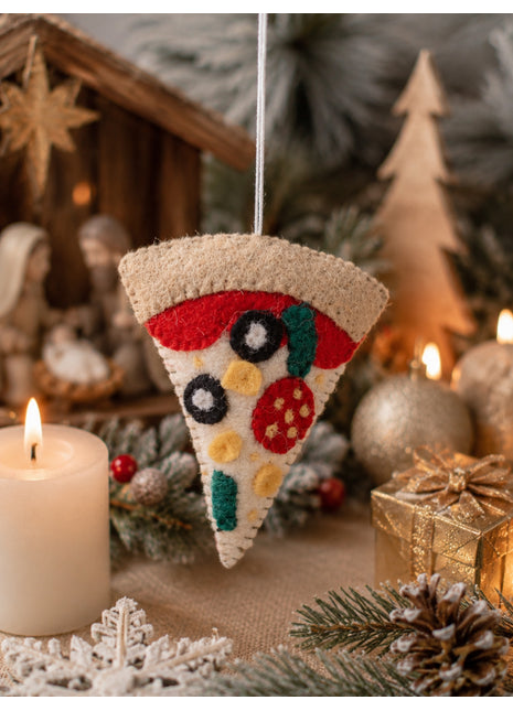 Handmade Wool Felt Pizza Slice Hanging Ornament - Fun Foodie Holiday Decor