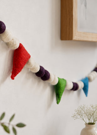 Handmade Wool Felt Ball and Pennant Garland - Colorful Boho Wall Decor