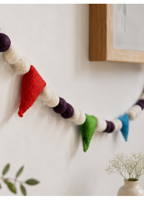 Handmade Wool Felt Ball and Pennant Garland - Colorful Boho Wall Decor