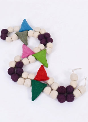 Handmade Wool Felt Ball and Pennant Garland - Colorful Boho Wall Decor
