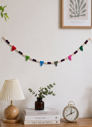 Handmade Wool Felt Ball and Pennant Garland - Colorful Boho Wall Decor