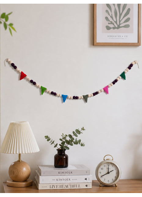 Handmade Wool Felt Ball and Pennant Garland - Colorful Boho Wall Decor