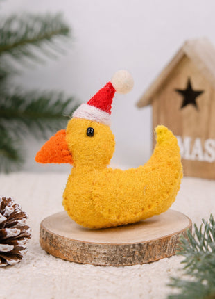 Handmade Wool Felt Duck with Santa Hat Ornament - Festive Animal Decor