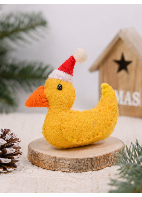 Handmade Wool Felt Duck with Santa Hat Ornament - Festive Animal Decor