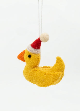 Handmade Wool Felt Duck with Santa Hat Ornament - Festive Animal Decor