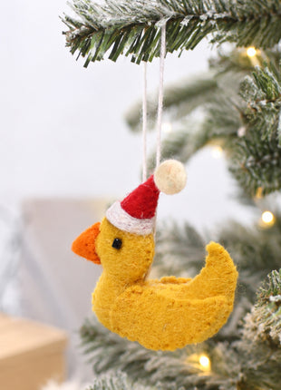 Handmade Wool Felt Duck with Santa Hat Ornament - Festive Animal Decor