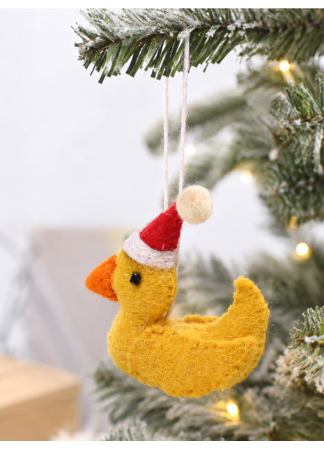 Handmade Wool Felt Duck with Santa Hat Ornament - Festive Animal Decor
