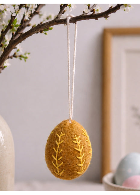 Handmade Wool Felt Embroidered Egg Ornament - Spring & Easter Decor