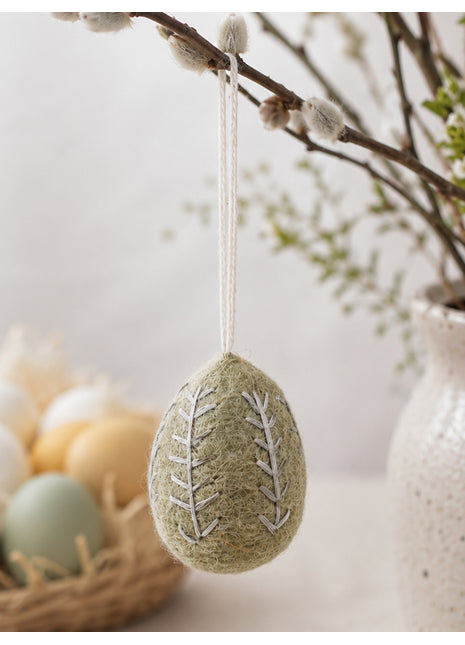 Handmade Wool Felt Embroidered Egg Ornament - Easter Decor