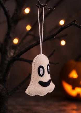Handmade Wool Felt Ghost Hanging Ornament - Whimsical Halloween Decor
