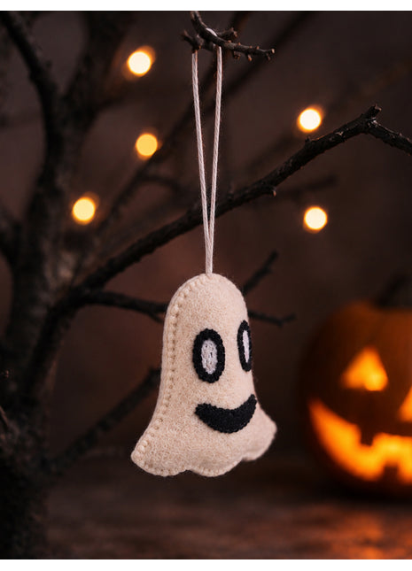 Handmade Wool Felt Ghost Hanging Ornament - Whimsical Halloween Decor