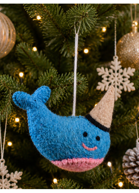 Handmade Wool Felt Narwhal Hanging Ornament - Whimsical Aquatic Decor