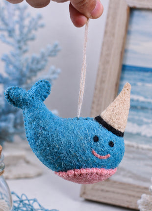 Handmade Wool Felt Narwhal Hanging Ornament - Whimsical Aquatic Decor