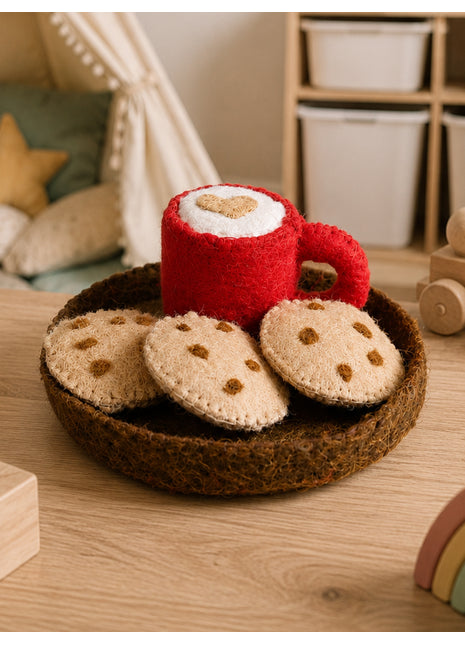 Handmade Wool Felt Coffee Cup and Cookies Play Set - Cozy Kitchen Decor