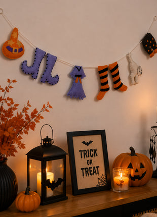 Handmade Wool Felt Halloween Character Garland - Whimsical Holiday Wall Decor (2 Feet)