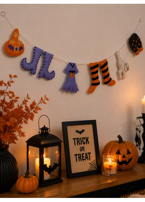 Handmade Wool Felt Halloween Character Garland - Whimsical Holiday Wall Decor (2 Feet)