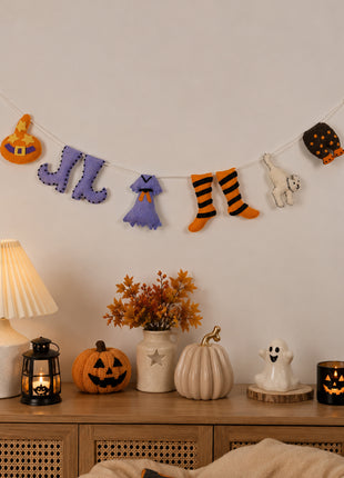 Handmade Wool Felt Halloween Character Garland - Whimsical Holiday Wall Decor (2 Feet)