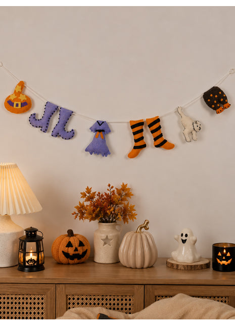 Handmade Wool Felt Halloween Character Garland - Whimsical Holiday Wall Decor (2 Feet)