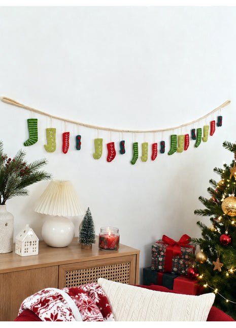 Handmade Festive Wool Felt Stocking Garland - Christmas Wall Decor (5 Feet)