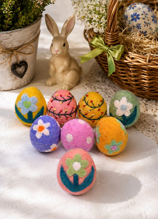 Handmade Embroidered Wool Felt Easter Eggs - Festive Spring Decor (Set of 8)