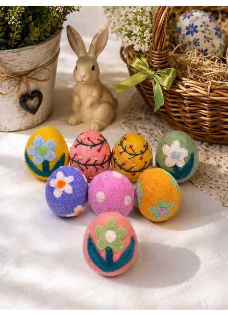 Handmade Embroidered Wool Felt Easter Eggs - Festive Spring Decor (Set of 8)