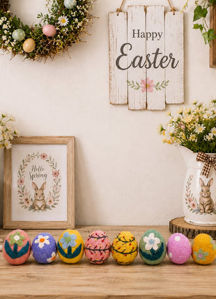 Handmade Embroidered Wool Felt Easter Eggs - Festive Spring Decor (Set of 8)