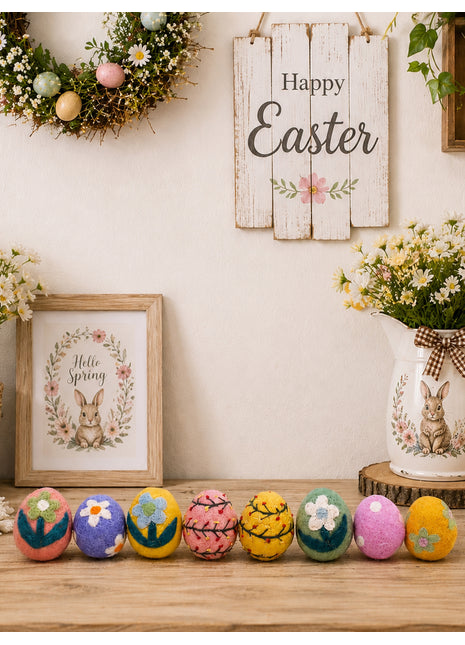 Handmade Embroidered Wool Felt Easter Eggs - Festive Spring Decor (Set of 8)