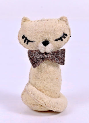 Handmade Wool Felt Cat Hanging Ornament – Cute Cream Kitten with Bow Tie for Nursery