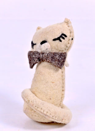 Handmade Wool Felt Cat Hanging Ornament – Cute Cream Kitten with Bow Tie for Nursery