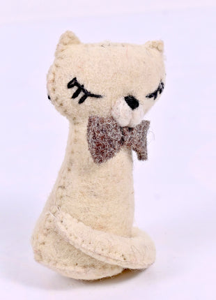Handmade Wool Felt Cat Hanging Ornament – Cute Cream Kitten with Bow Tie for Nursery
