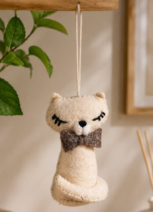 Handmade Wool Felt Cat Hanging Ornament – Cute Cream Kitten with Bow Tie for Nursery